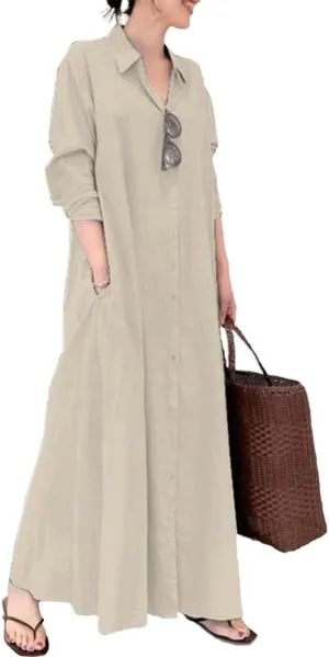 ZOCAVIA Women's Casual Cotton Linen Shirt Dress Polo Neck Long Sleeve Button-End Basic Loose Fit Dress with Pockets