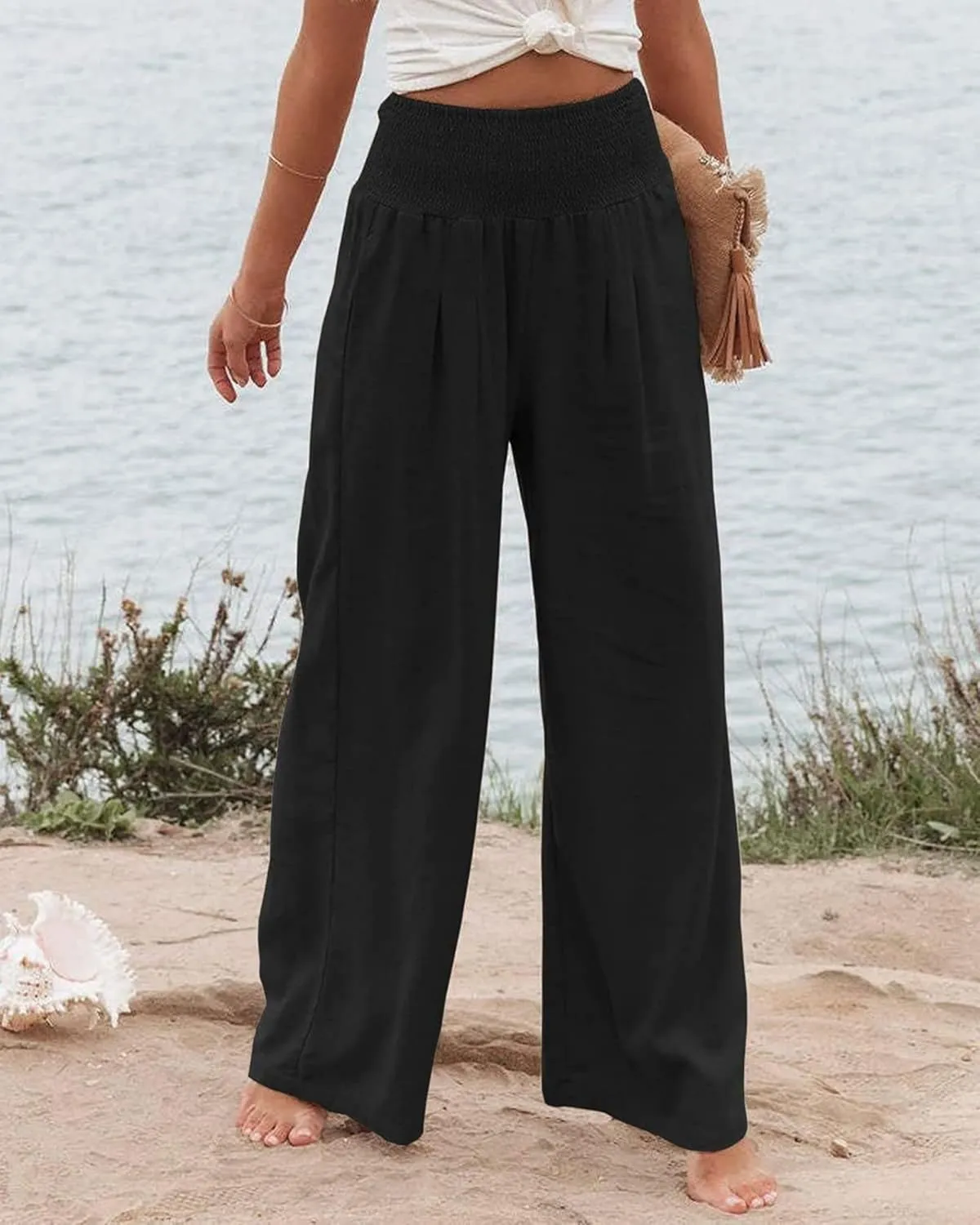 ZWRXW 2025 Linen Pants Women Summer Boho Wide Leg Palazzo Pants High Waist Casual Lounge Pant for Beach Travel Vacation Work