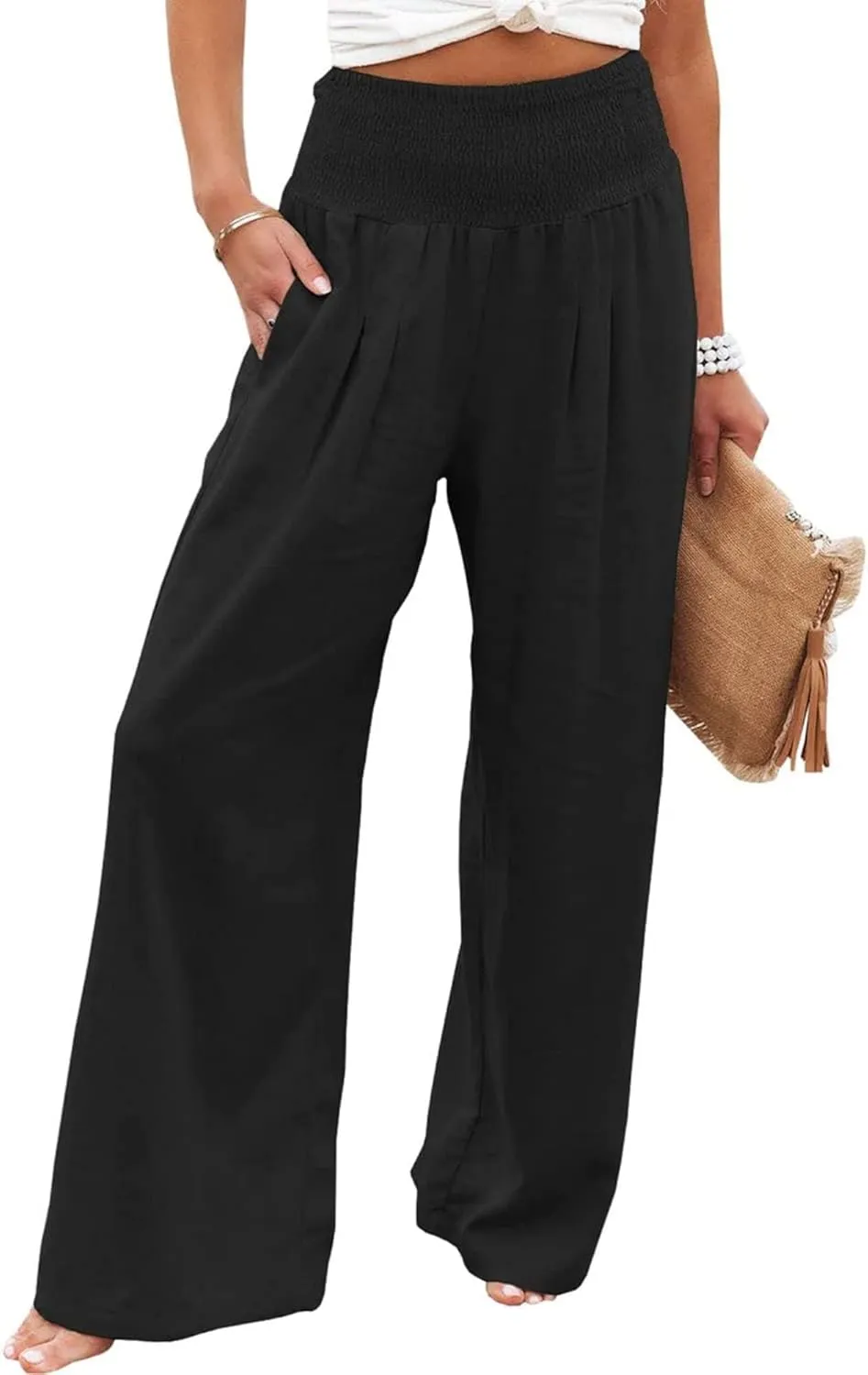 ZWRXW 2025 Linen Pants Women Summer Boho Wide Leg Palazzo Pants High Waist Casual Lounge Pant for Beach Travel Vacation Work