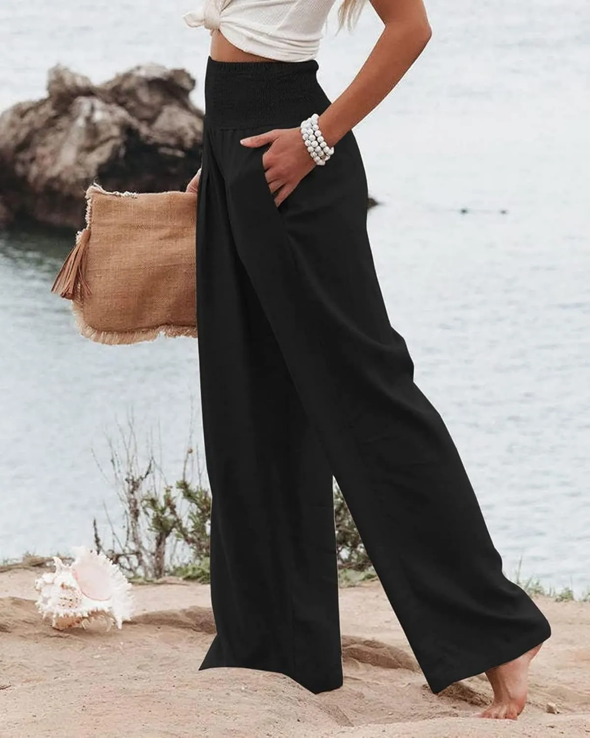 ZWRXW 2025 Linen Pants Women Summer Boho Wide Leg Palazzo Pants High Waist Casual Lounge Pant for Beach Travel Vacation Work