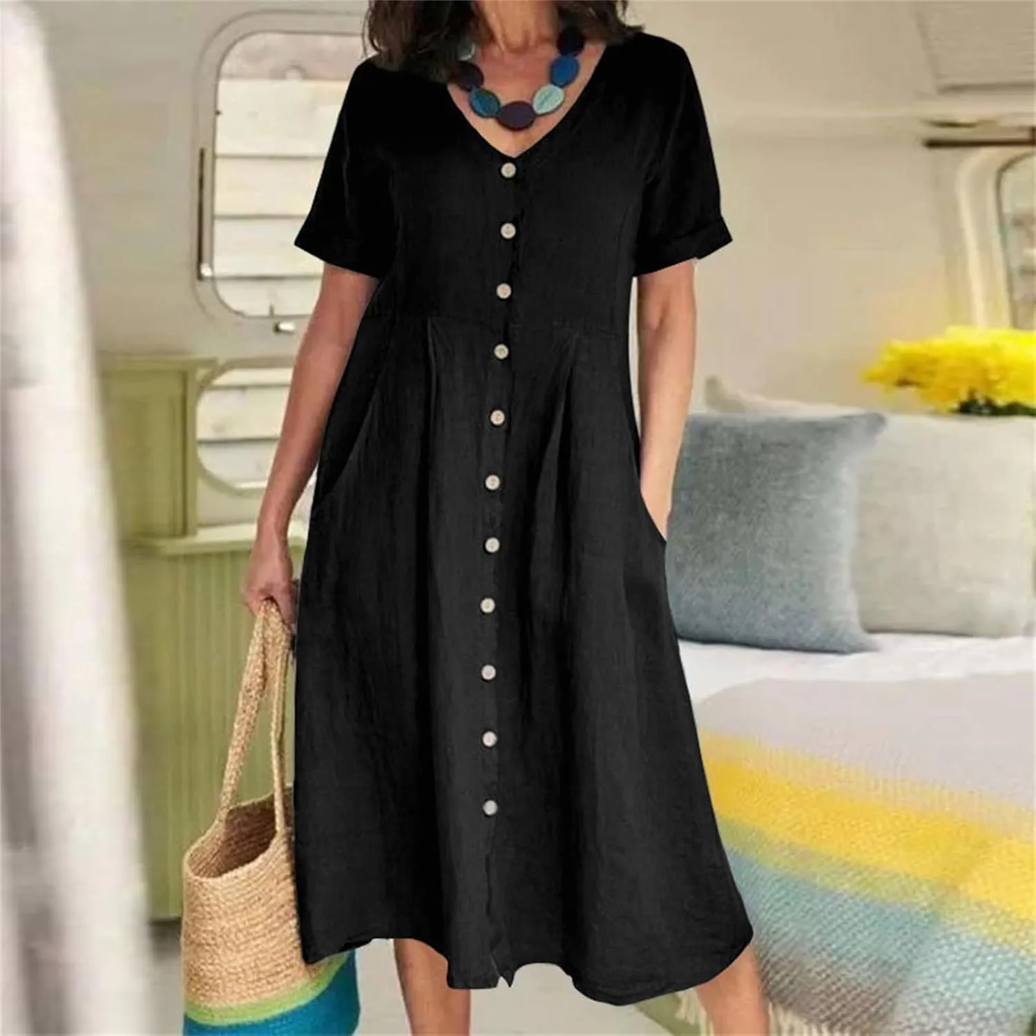 ZWRXW Cotton Linen Dresses for Women 2024 Summer Casual T Shirt Dress Short Sleeve Button Down Beach Swing Dress with Pockets