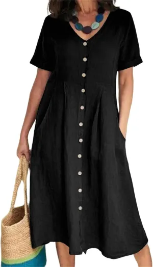 ZWRXW Cotton Linen Dresses for Women 2024 Summer Casual T Shirt Dress Short Sleeve Button Down Beach Swing Dress with Pockets