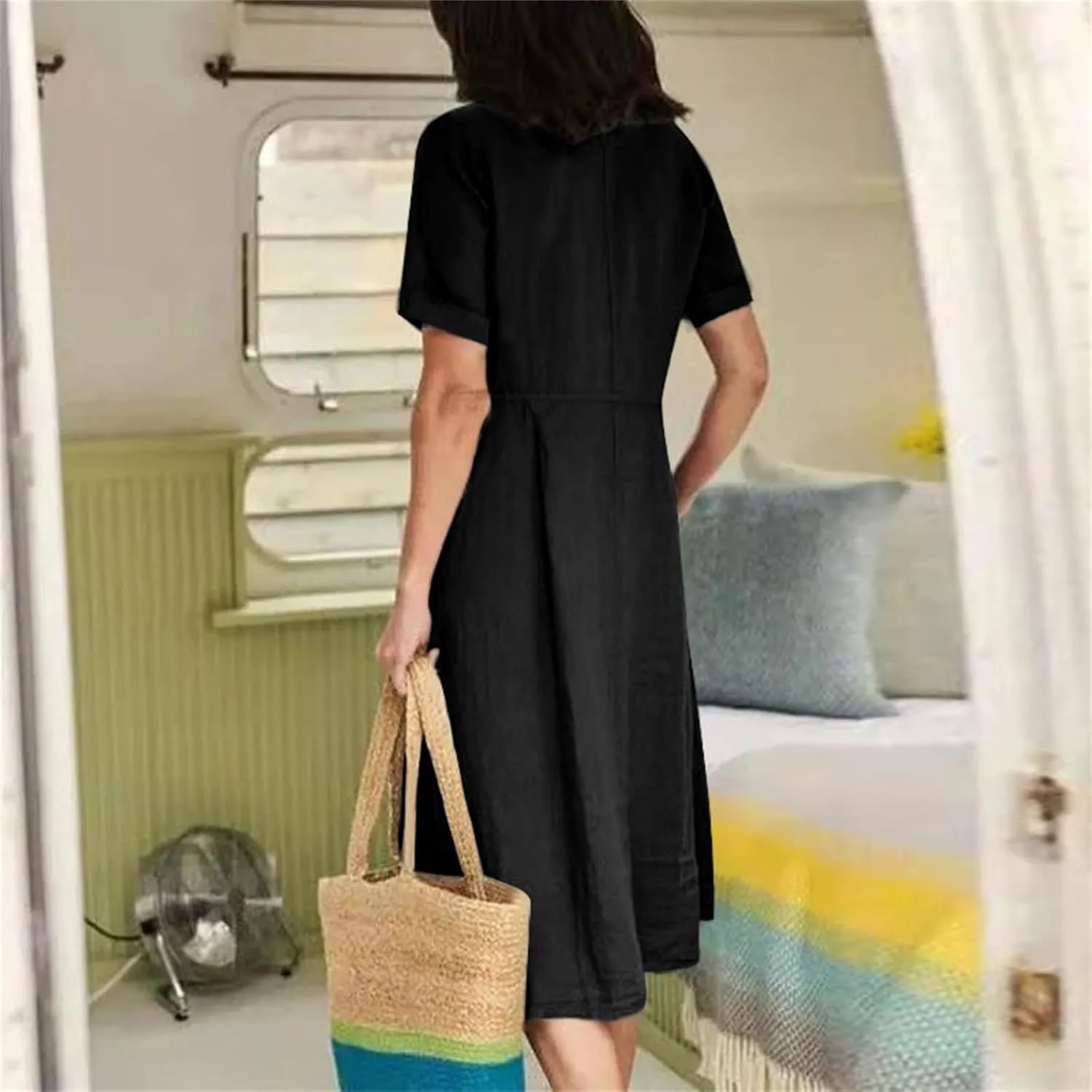 ZWRXW Cotton Linen Dresses for Women 2024 Summer Casual T Shirt Dress Short Sleeve Button Down Beach Swing Dress with Pockets